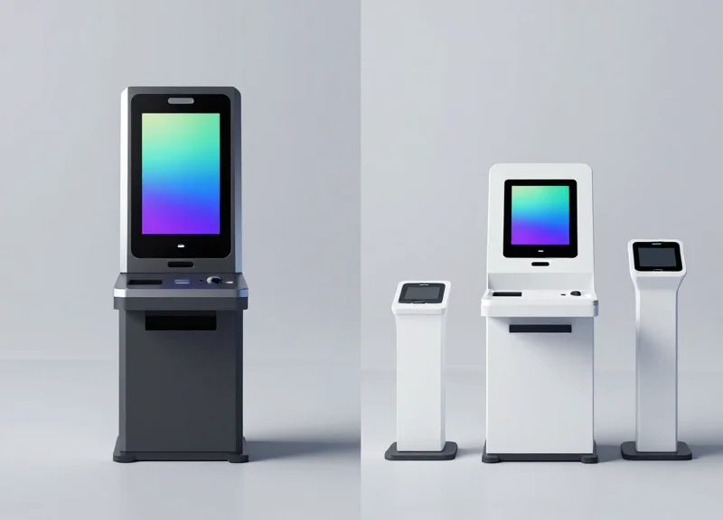 A side-by-side visual comparison of two different self-checkout kiosk setups in a modern retail environment, highlighting integrated versus standalone security components.