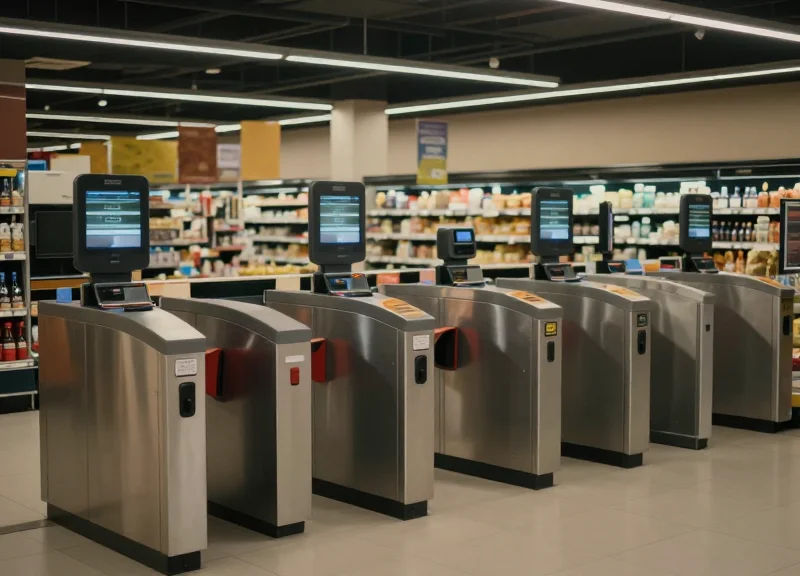 A modern self-checkout area in a retail store with security gates and checkout terminals, cinematic lighting, documentary style.