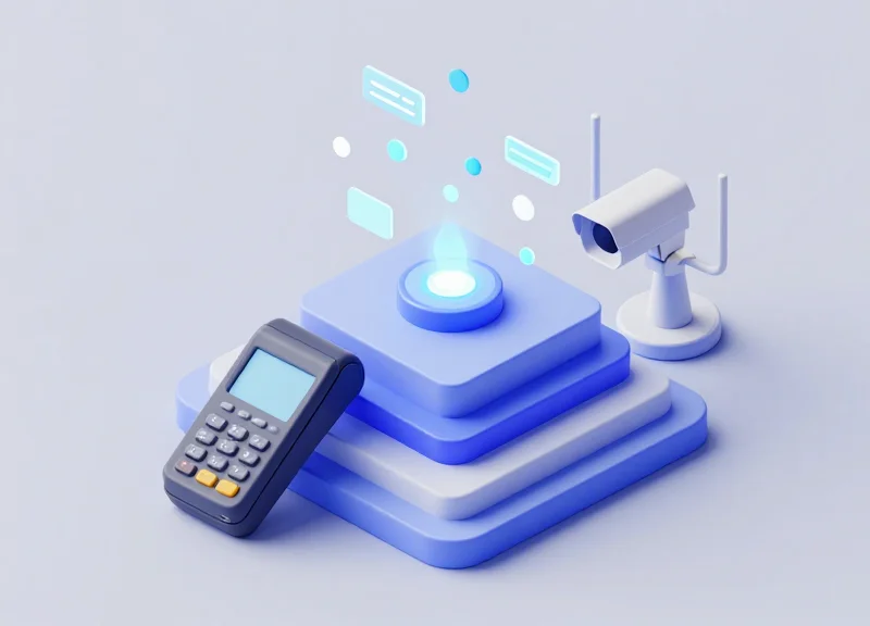 Isometric diagram of digital data flow between retail hardware components representing discrepancy detection.