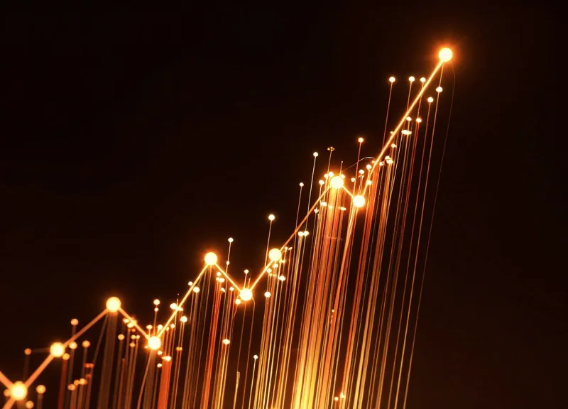 Abstract visualization of glowing data streams rising upward to represent financial recovery and ROI.