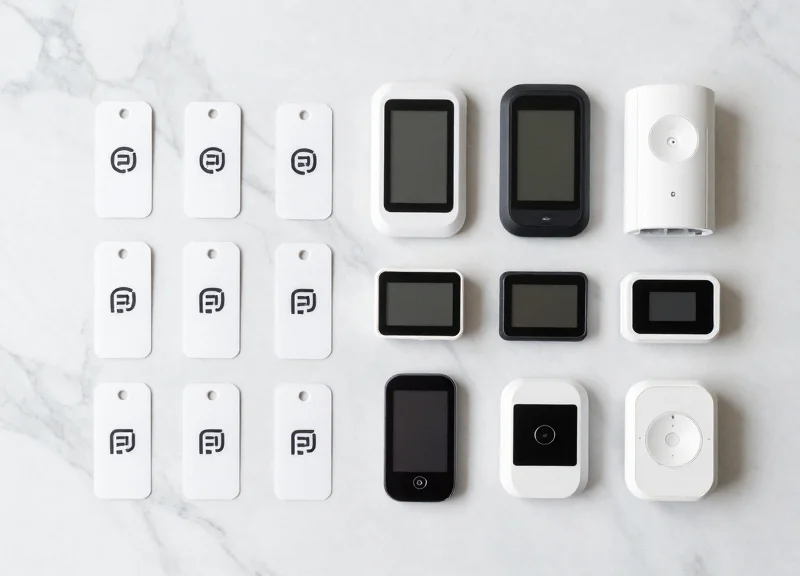 Top-down view of security RFID tags and electronic shelf labels arranged neatly.