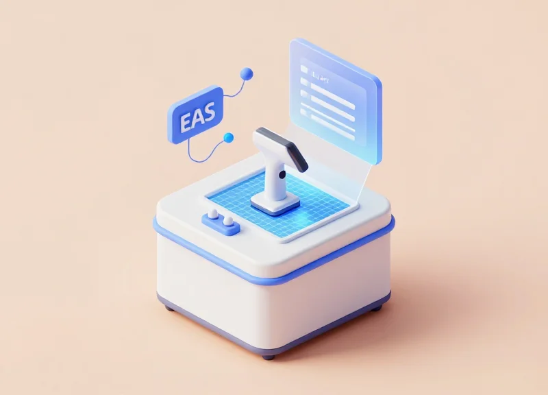 An isometric 3D illustration of a high-tech retail checkout counter featuring glowing digital scanning grids and interconnected AI processing nodes.