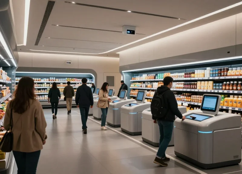 A modern autonomous grocery store without checkout lines, featuring shoppers and high-tech sensors.