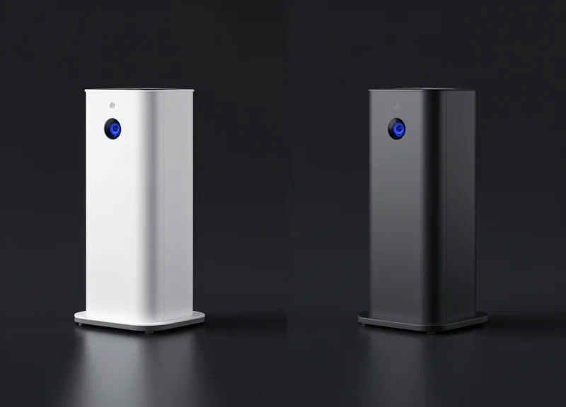 Two different types of modern retail security pedestals displayed side-by-side in a professional studio setting.