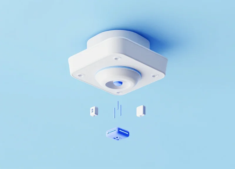 3D isometric view of an advanced ceiling-mounted people counting sensor in a retail environment.