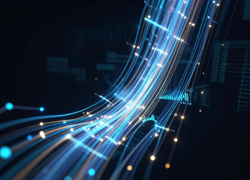 Abstract visualization of data streams connecting retail security and traffic analysis systems.
