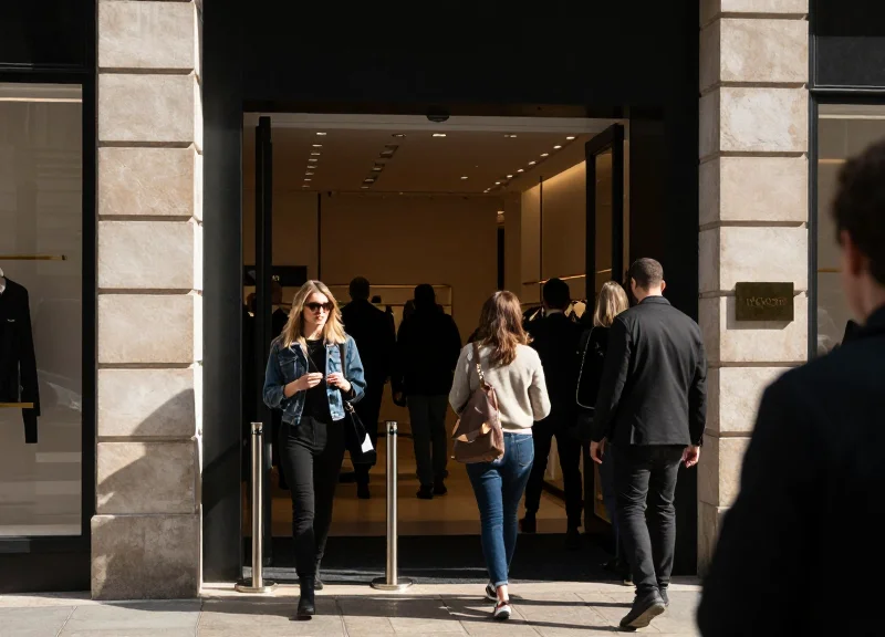 A busy high-end retail store entrance with customers moving through security gates smoothly.