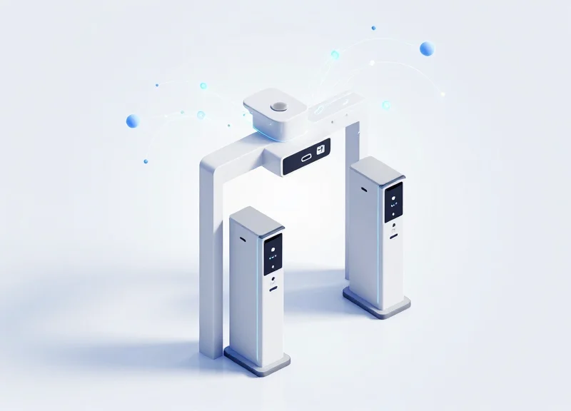 A modern 3D isometric view of a retail entrance featuring integrated security pedestals and overhead data sensors connected by abstract digital light paths.