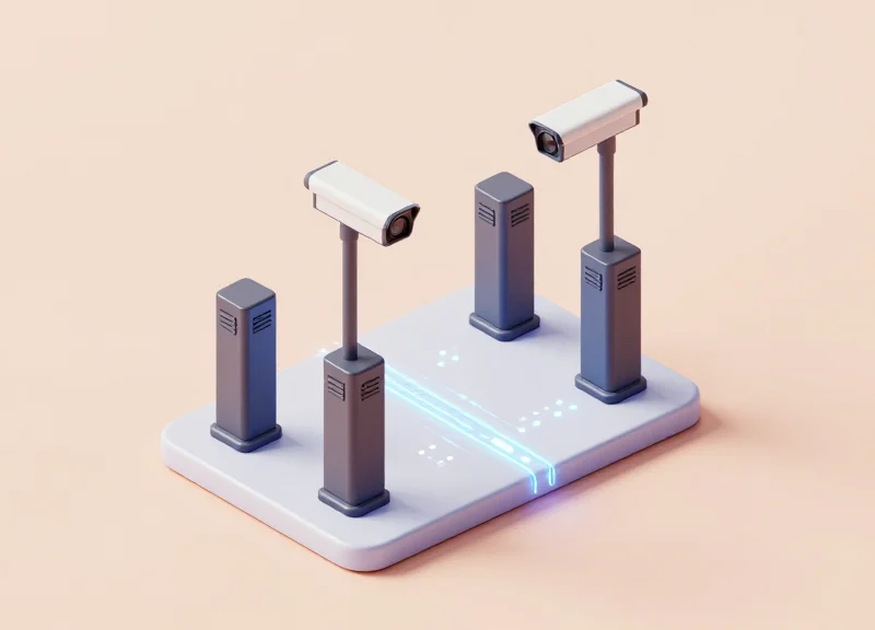 Isometric 3D illustration showing the connection between retail security gates and overhead sensors.