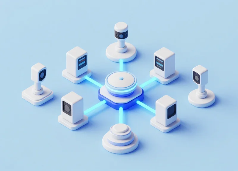 3D isometric model showing security gates and sensors connected to a network