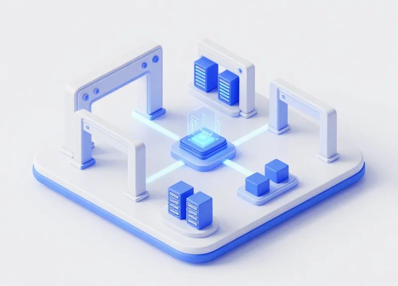 An isometric 3D illustration showing a modern retail security network with connected modules representing alarm systems and data counters.