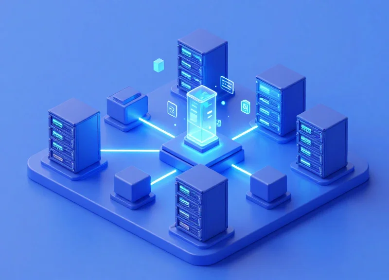 Isometric 3D illustration of a retail cloud security architecture with connected server nodes and data blocks.