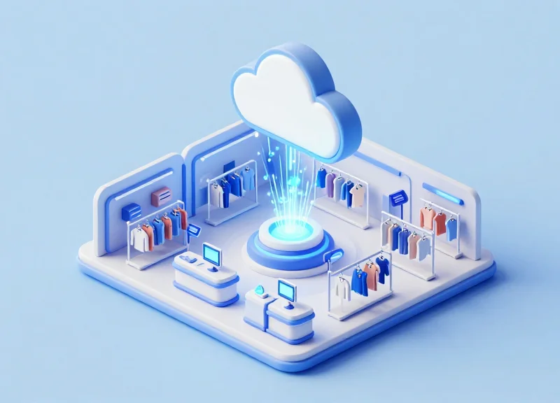Isometric 3D illustration of a modern retail store layout with floating digital cloud nodes and glowing connection lines representing AI-driven security integration.