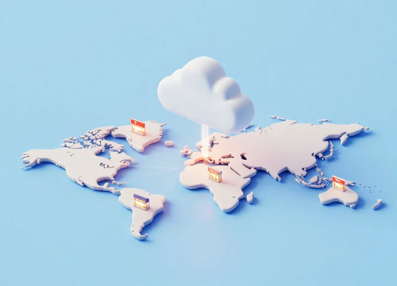 Isometric view of a global network of retail stores managed by a central cloud hub.