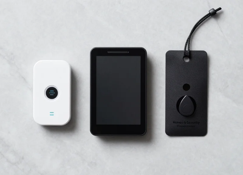 Clean flat lay of retail technology including RFID tags and security devices.