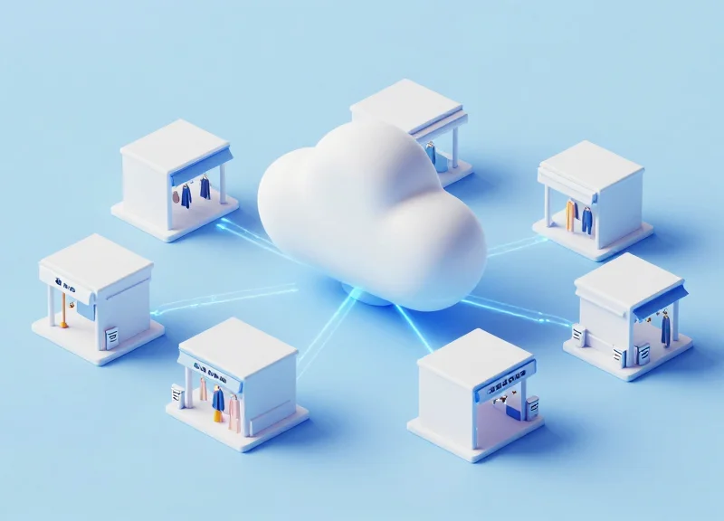 A modern isometric 3D scene showing a central cloud computing hub connected by glowing light paths to several miniature fashion retail boutiques with security gates at their entrances.