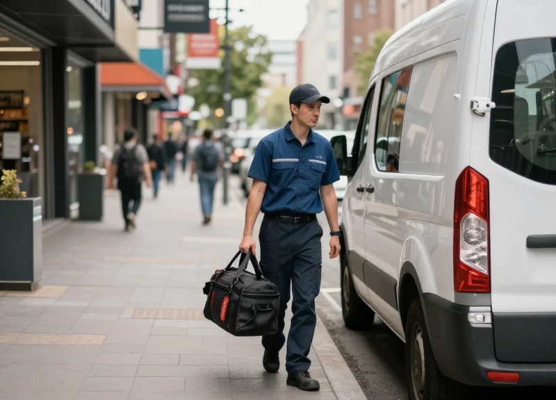 A technician with a tool bag standing next to a service van in a busy city, representing the logistics of traditional on-site maintenance.
