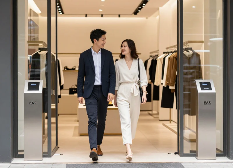 A group of satisfied customers walking through a modern retail store entrance with sleek security pedestals.