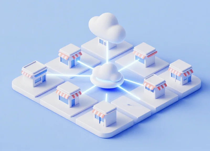 An isometric map showing multiple store locations connected to a central cloud server icon.