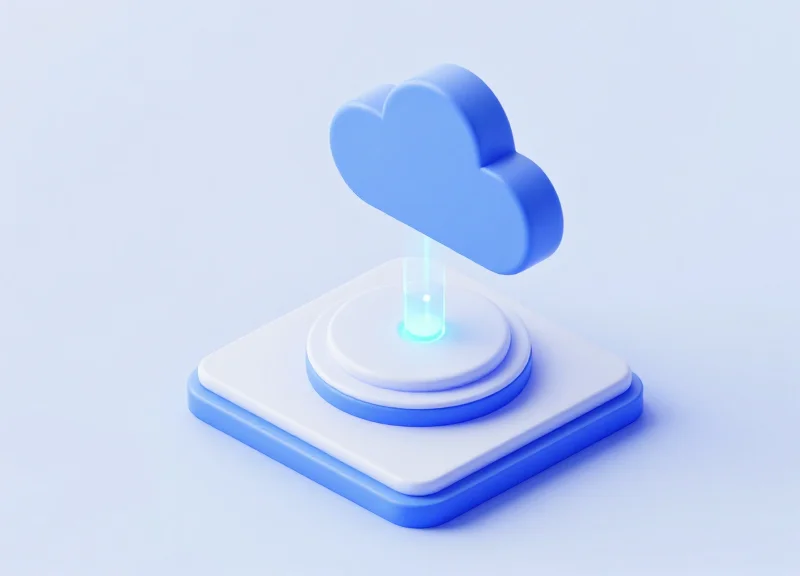 Isometric 3D view of a security pedestal connected to a floating cloud server by glowing data lines.