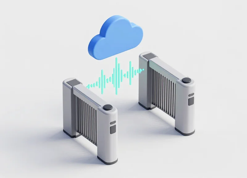 3D visualization of security gates in a store entrance receiving a signal pulse from the cloud.