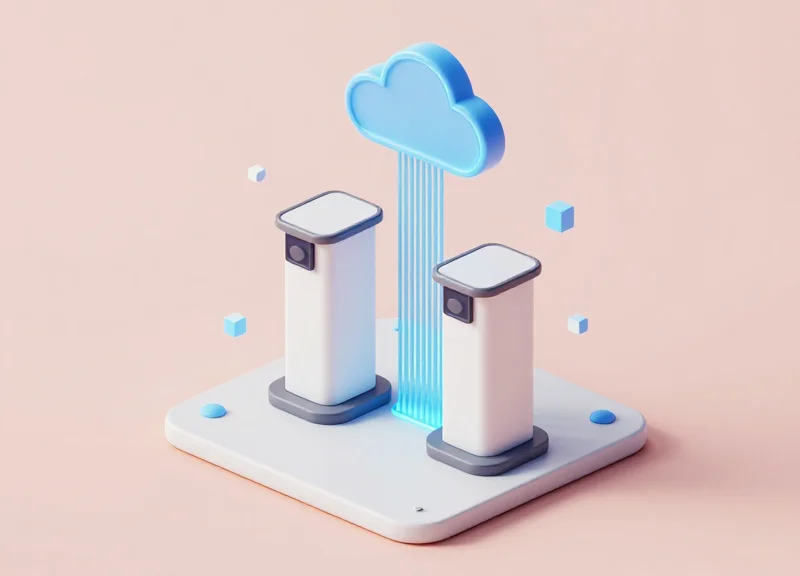 Isometric 3D illustration of retail security pedestals connected to a floating cloud by glowing data transmission lines, representing remote calibration.