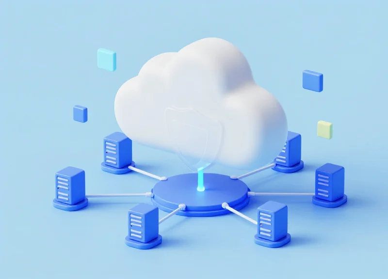 Isometric 3D model of a modern retail security network with floating data nodes and a central hub.
