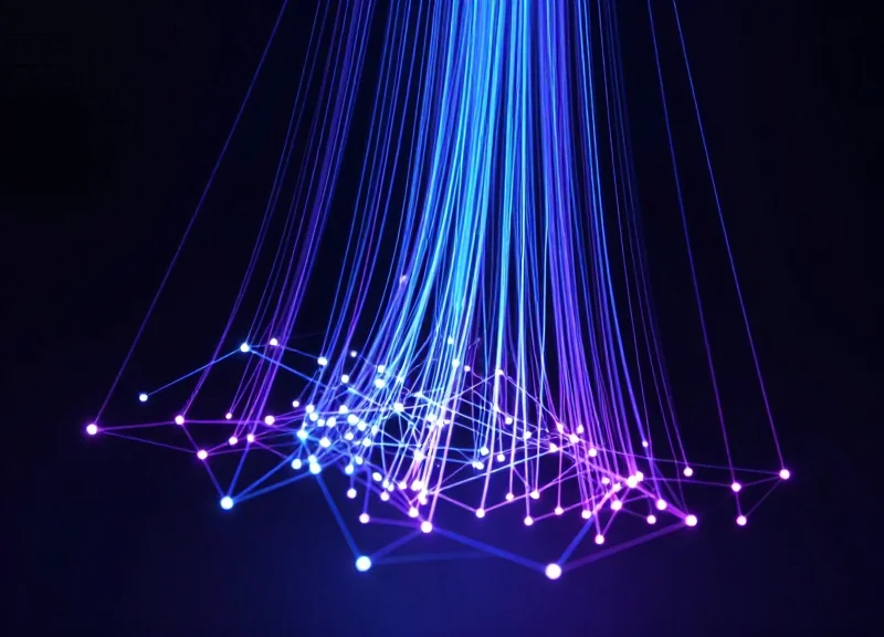 Abstract visualization of data streams connecting local stores to a global cloud intelligence system.