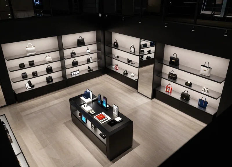 A high-end modern retail store interior with subtle high-tech security cameras integrated into the ceiling, cinematic lighting.