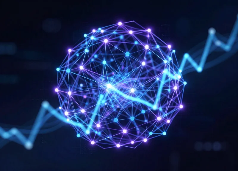 Abstract digital neural network nodes representing AI-powered predictive behavioral analytics in a retail context.