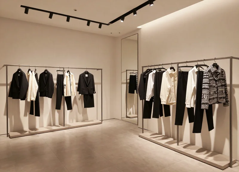 The luxurious interior of a high-end fashion boutique with elegant clothing displays.