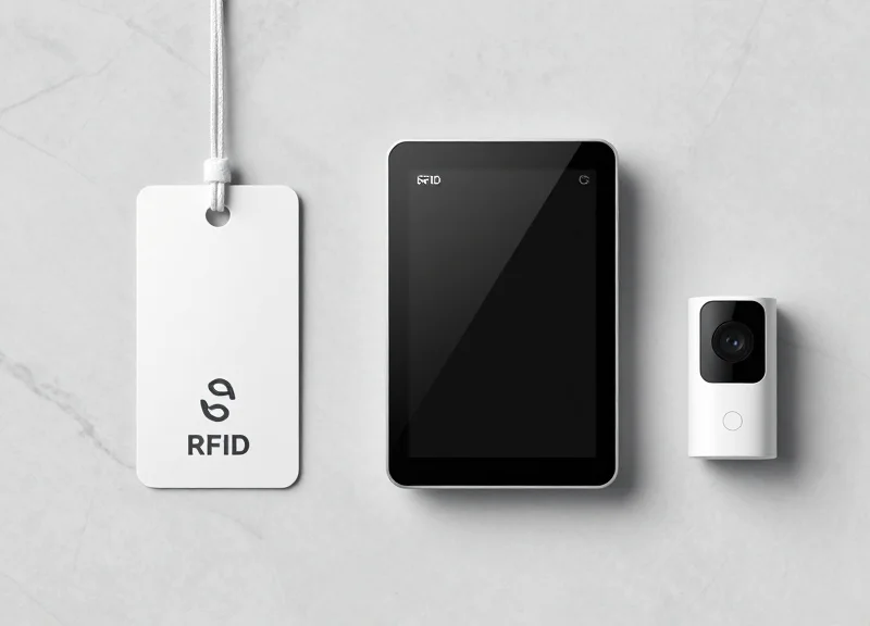 A professional arrangement of RFID tags and retail security hardware.