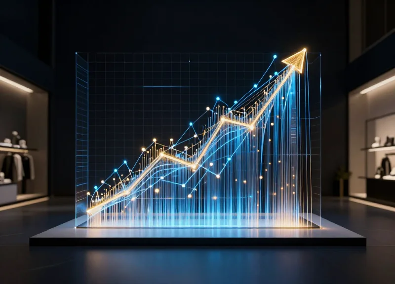An abstract technological visualization featuring glowing data nodes and digital streams protecting a luxury fashion retail space, representing intelligent EAS integration.