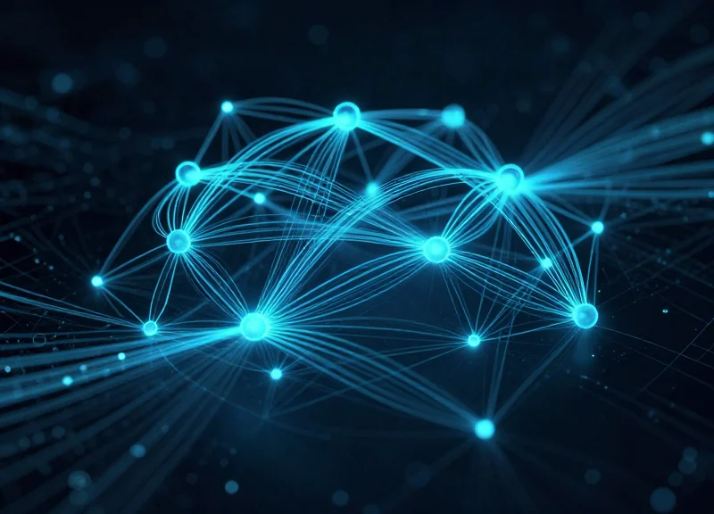 Abstract conceptual visualization of a digital API network with flowing data streams and glowing nodes.