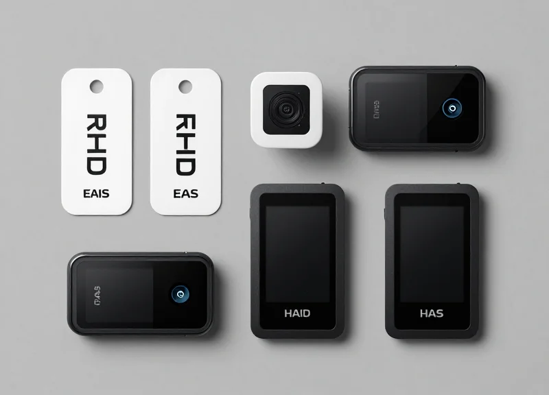 A collection of retail security hardware including RFID tags, EAS sensors, and electronic shelf labels arranged neatly on a surface.