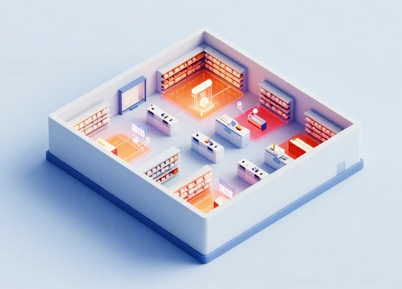An isometric 3D miniature of a retail store layout with glowing heatmaps and digital data nodes indicating high-risk zones.