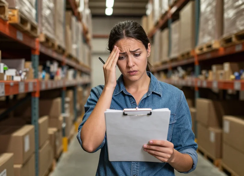 A stressed retail worker attempting to count inventory manually in a crowded stockroom