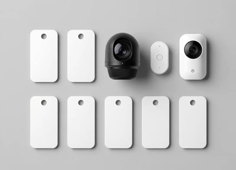 A collection of modern retail security components including RFID tags and compact camera lenses neatly arranged.