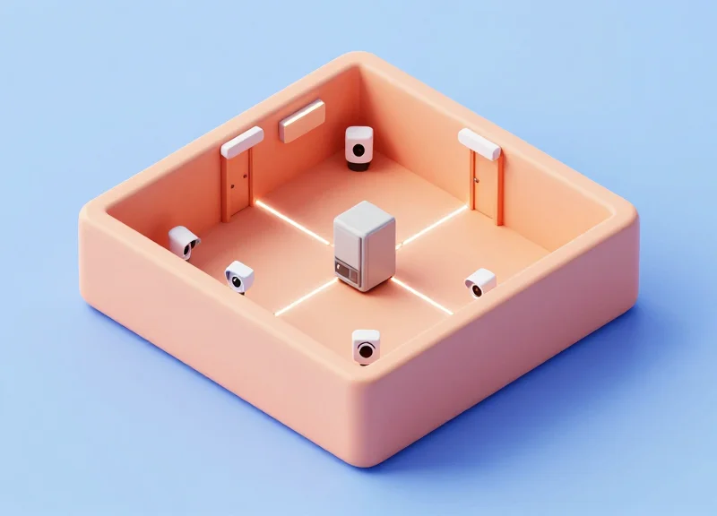 Isometric 3D model of a store layout showing the interconnected network of security devices and sensors.