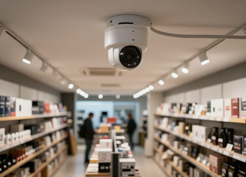 A modern security camera mounted on the ceiling of a stylish retail store with blurred shoppers in the background.