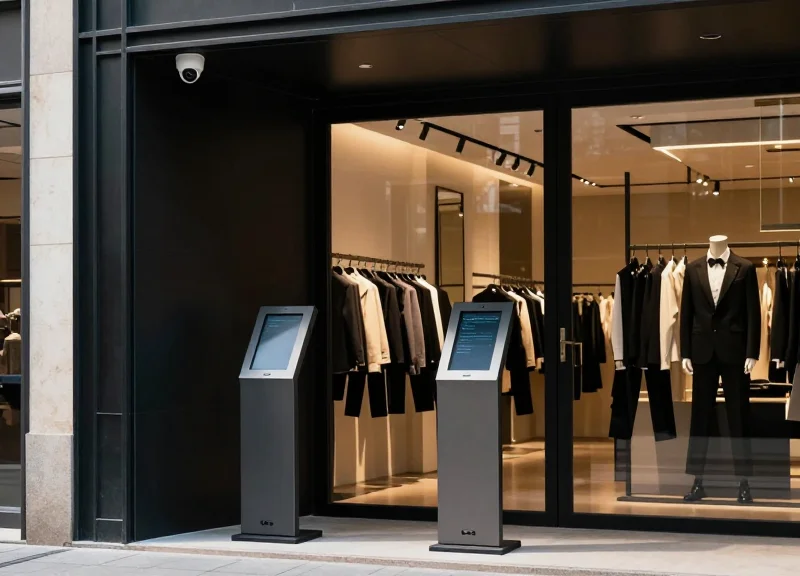 A modern retail store entrance with security pedestals and a subtle CCTV camera above, representing loss prevention.