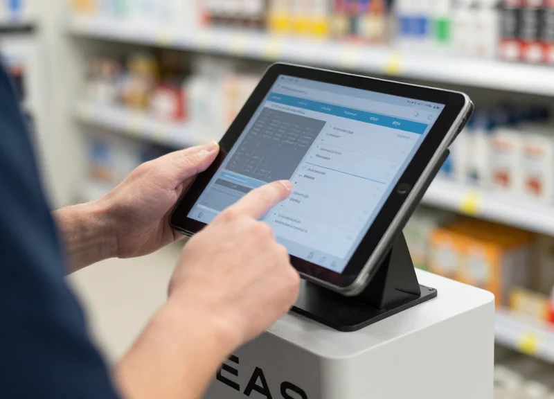 A technician using a digital tablet to calibrate a security pedestal in a store.