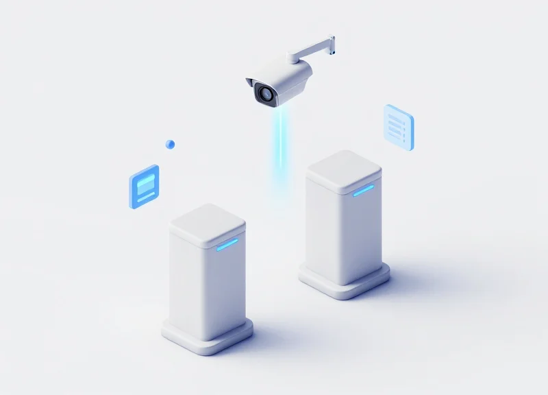 An isometric 3D model of a retail entrance featuring security pedestals and surveillance cameras linked by glowing digital connection paths.