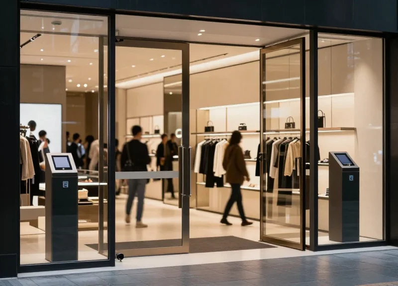 Modern high-end retail entrance with sleek, minimalist security pedestals and integrated camera systems under soft cinematic lighting.