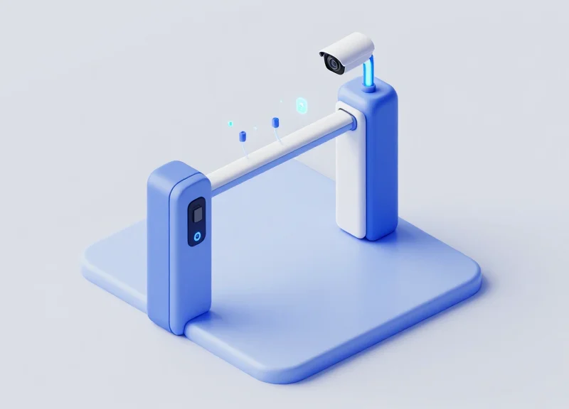 Isometric 3D model showing a retail security gate and a ceiling-mounted camera connected by glowing digital data streams.