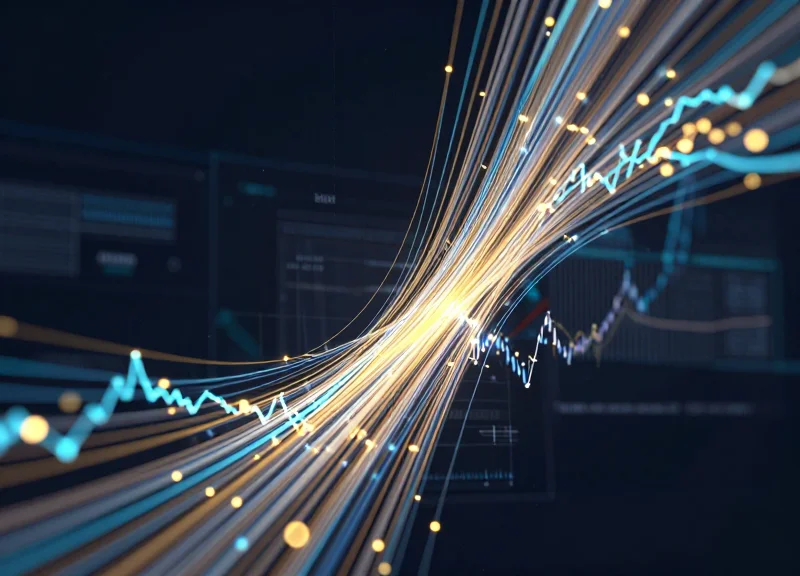 Abstract visualization of retail data intelligence with rising golden light streams and 3D floating nodes.