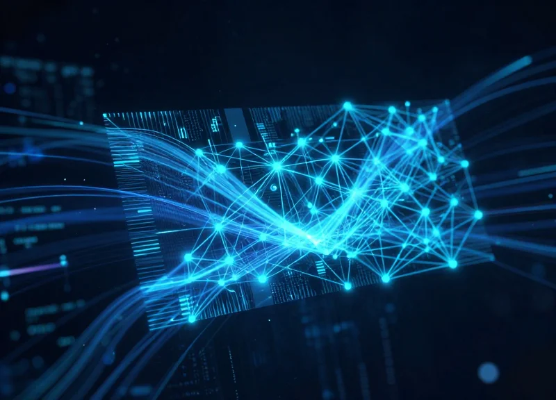 An abstract conceptual visualization of AI-driven vision security with glowing nodes and data streams representing retail surveillance.
