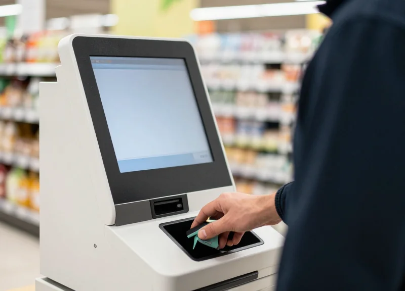 A shopper using a self-checkout kiosk in a bright modern supermarket