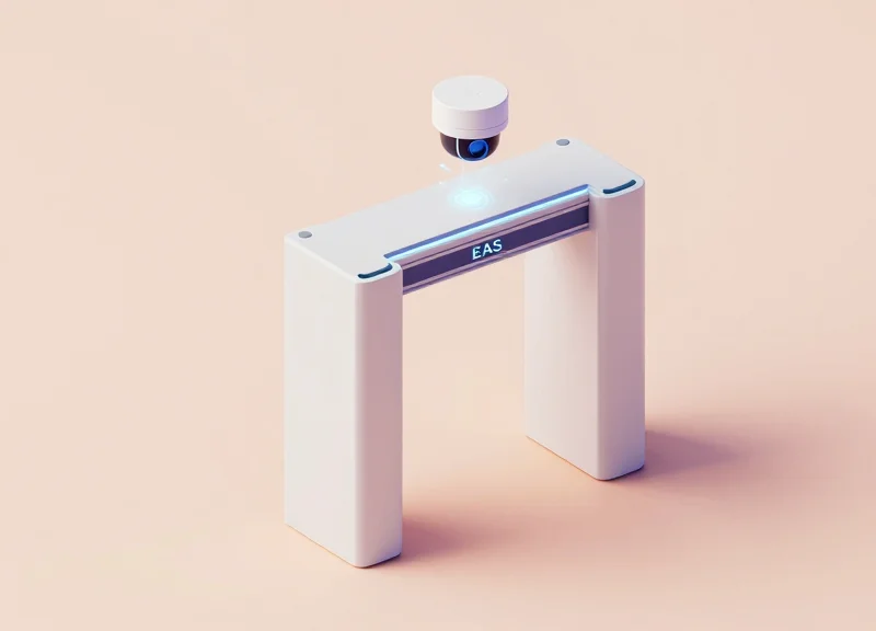 A minimalist isometric 3D illustration of a modern retail store entrance featuring a ceiling-mounted security camera and security gate pedestals, connected by glowing digital lines.