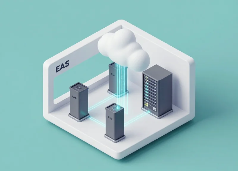 Isometric 3D illustration of AI software integrated with EAS security gates at a store entrance